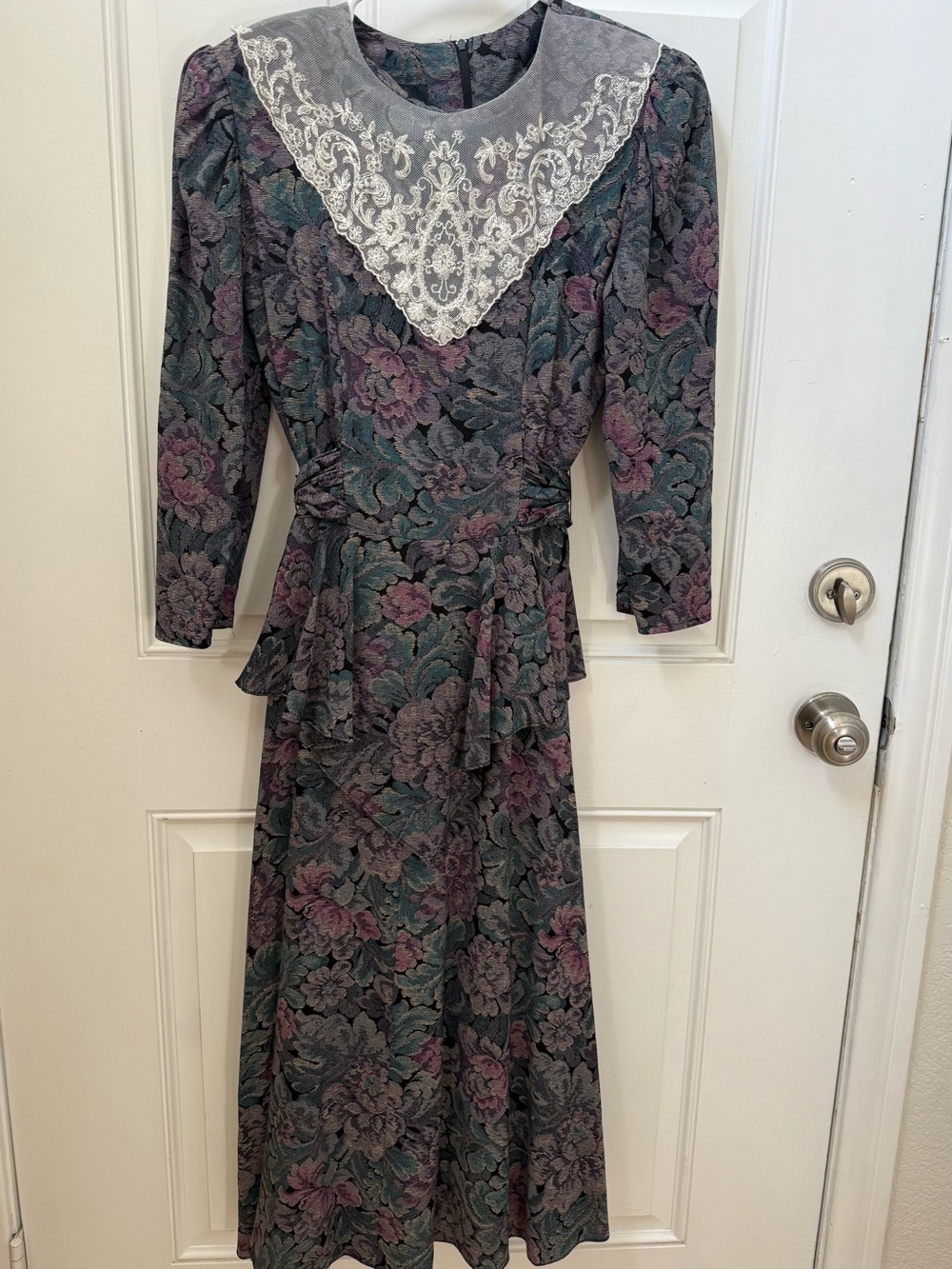 Vintage Positive Influence Floral Midi Dress in Teal & Purple with Lace Collar